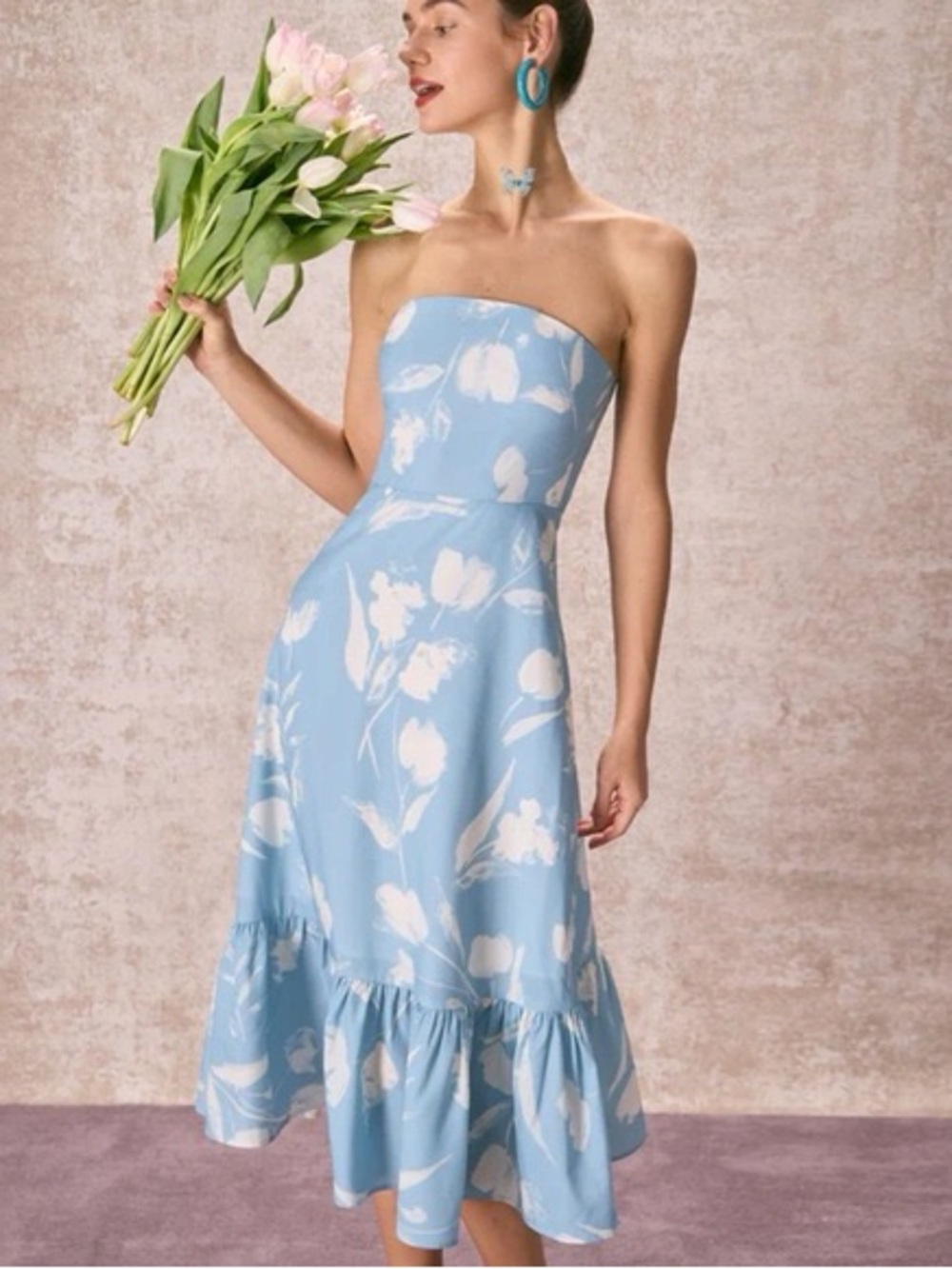 RIHOAS Sky Blue Strapless Floral Midi Dress